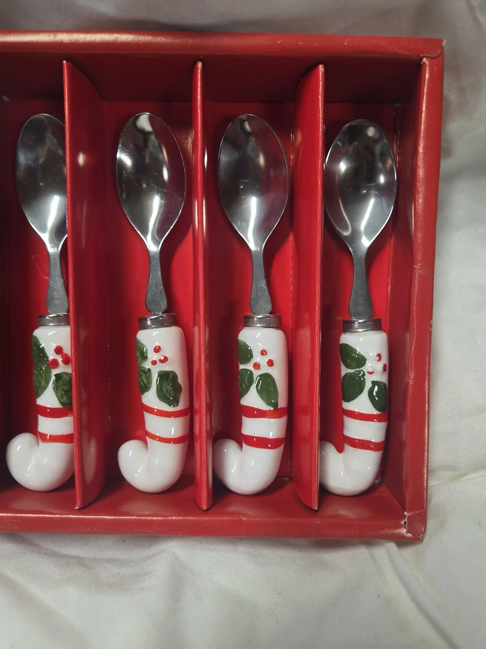 Vintage Christmas Ceramic-Handled Candy Cane Spoons - Red/White - Set of 4